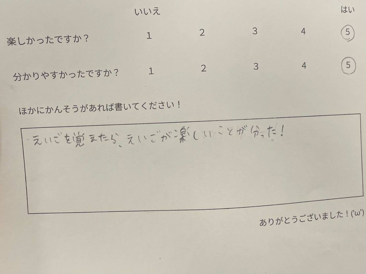 小学校に授業訪問した際の小学生のアンケート